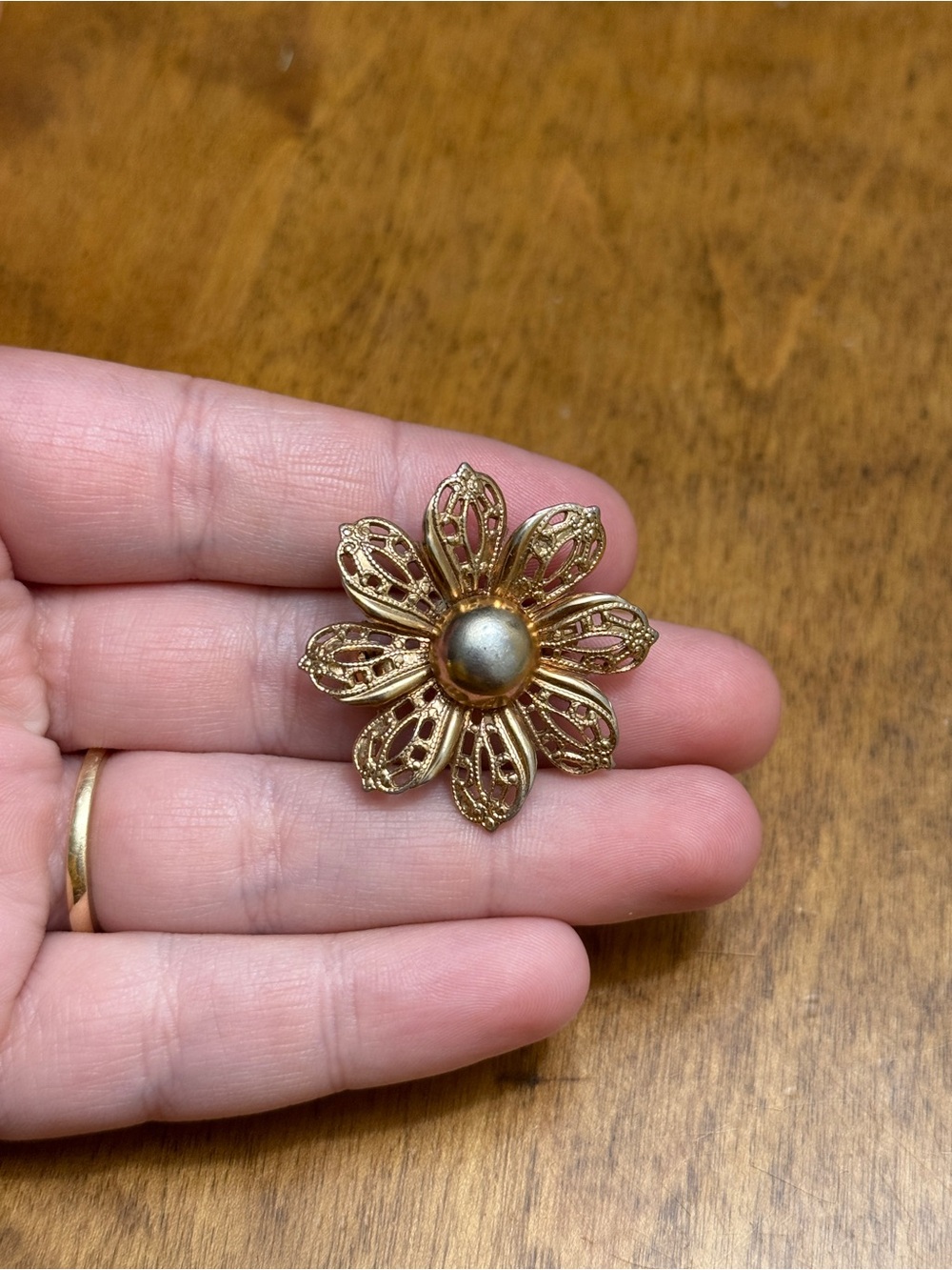 Gold Floral Filigree Brooch with Pearl-Style Center